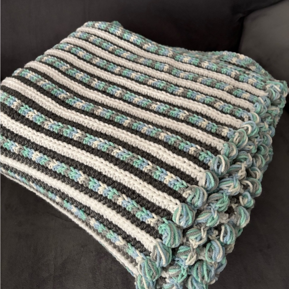Striped Knit Blanket in Gray and Blue